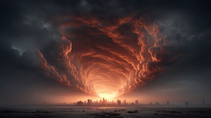 Apocalyptic weather with dark, swirling storm clouds and occasional sparks of fire in the sky, casting a sinister glow over a destroyed urban area