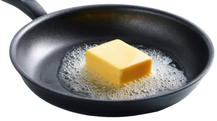 Butter melting cube in non-stick frying pan realistic on transparent background

