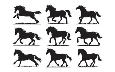 Black and White Horse Silhouettes in Various Poses