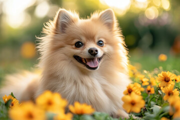 Obraz premium Small dog sitting in a field of flowers, gazing into the distance.