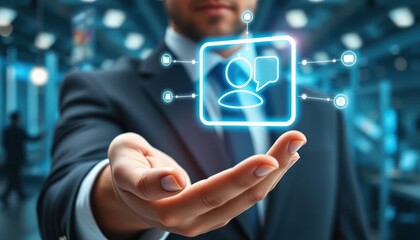 Businessman presents interactive customer relationship management technology interface