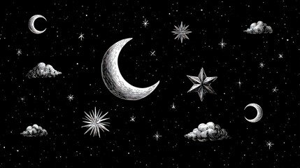 Black canvas with sketch-style hand-drawn stars, moons, and celestial symbols in white, evoking a whimsical and dreamy aesthetic