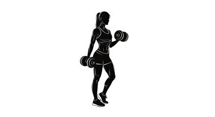 Powerful black silhouette icon of a lady lifting dumbbells, effectively demonstrating strength, balance, and dedication to fitness and wellness.