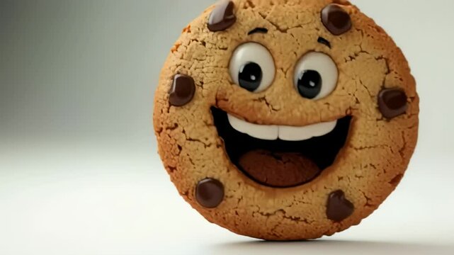 Happy chocolate chip cookie with a smiling face on a white background