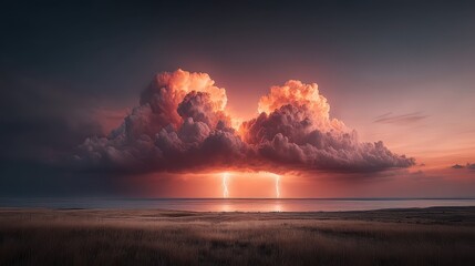 A colorful storm sky with swirling orange and pink clouds mixed with dark thunderheads, lightning bolts crackling vividly against the horizon