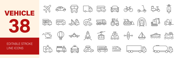 Vehicle icon set. Containing transport, bus, car, truck, train, ship, plane, tram, taxi, helicopter, bike, bicycle, scooter and more. Editable line icons. Vector illustration.