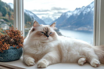 White cat sitting on window sill, gazing outside at birds.