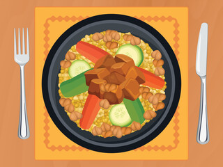 Couscous food with meat and vegetables on a plate top view vector illustration. Couscous or bulgur with meat, zucchini, carrot and chickpeas on a wooden table above view vector