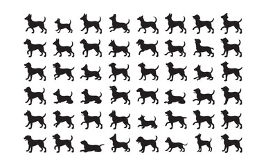 A collection of black silhouette dog shapes, varying in size and stance, perfect for use in pet-related design projects.