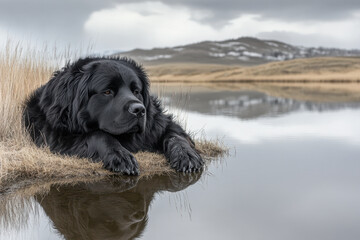Black dog laying on grass-covered lake.