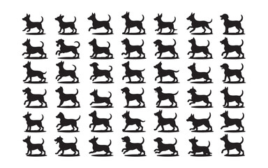 A collection of black silhouette dog shapes, varying in size and stance, perfect for use in pet-related design projects.