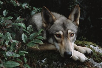 A wolf resting on a forest floor, with lush greenery and rocks in the background.