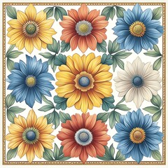 Floral design with various colored flowers and leaves