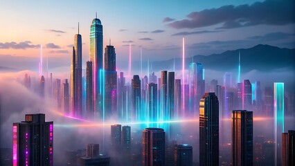 A futuristic city skyline with neon lights, tall skyscrapers, and misty clouds at sunrise, blending technology and urban beauty.