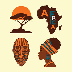 African Culture Vector Set – Tribal Mask, Woman Portrait, Africa Map & Savanna Tree Illustration