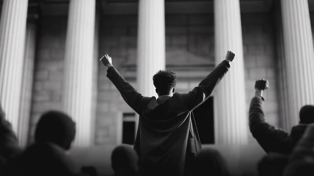 Passionate activists gather outside a courthouse, demanding justice and legal reform.
