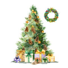 Festive holiday decor christmas tree and wreath transparent background celebration bright colors