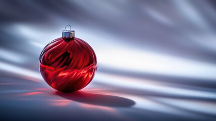 A single red glass Christmas bauble decoration on a white background with shadows