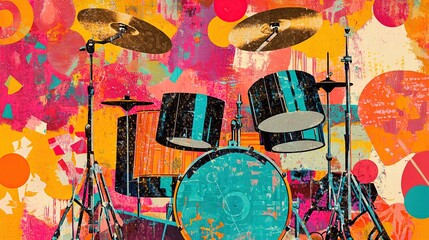 Grunge music background with graffiti on the wall, featuring a rock drummer's kit set for a powerful concert performance