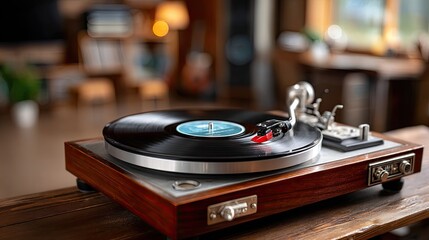 Vintage turntable on wooden surface