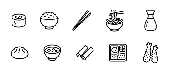 Japanese food icon set - outline, sushi, ramen, bento & more culinary symbols