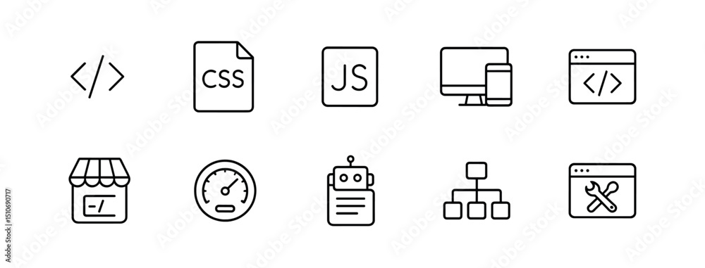 Wall mural web development icon set - line, coding elements and digital symbols