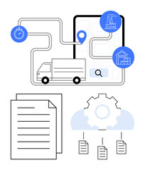 Delivery truck on route map, stopwatch for time tracking, documents, and gear for automation. Ideal for logistics, supply chain, delivery tracking, time management, automation warehousing