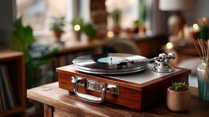 Vintage wooden record player on table