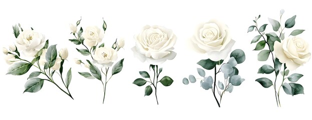 Fototapeta premium Watercolor white floral bouquet with roses, peonies, and eucalyptus leaves on an isolated background, a clipart illustration in a soft beige color palette, with no shadows, 