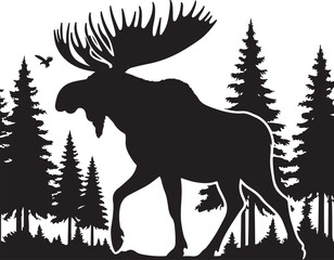 Moose in Forest Silhouette  Wildlife Animal Walking Through Trees Vector new 2025 trendy unique