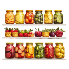 Colorful Jars of Preserved Fruits and Vegetables on Shelves for a Fresh and Healthy Kitchen Decor on transparent background