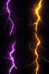 Stunning display of purple and yellow lightning bolts against a dark background, showcasing nature's power