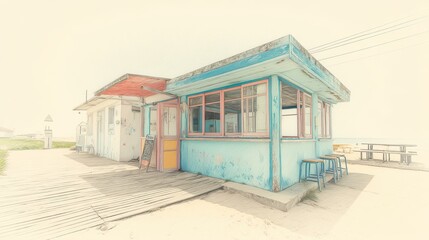 Vintage Beach Shack with Colorful Exterior and Wooden Deck by the Shore in Soft Focus Aesthetic