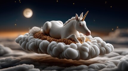 White unicorn sleeping on cloud night