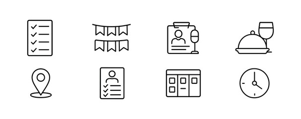 Event planning outline icon set - checklists, invitations, and dining symbols