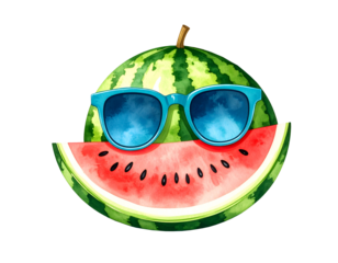 funny watermelon character with sunglasses smiling in watercolor style on isolated background, cute summer fruit illustration for holiday design and tropical themes
