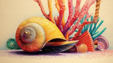 Colorful Seashell and Coral Composition with Artistic Design Elements in Vibrant Hues