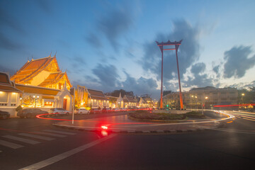 The beautiful giant swing at night a landmark of Bangkok Thailand.