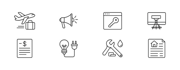 Office tools line icon set - flat symbols for work, business & productivity