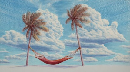 Tranquil Hammock Between Palm Trees Under Bright Blue Sky with Fluffy Clouds