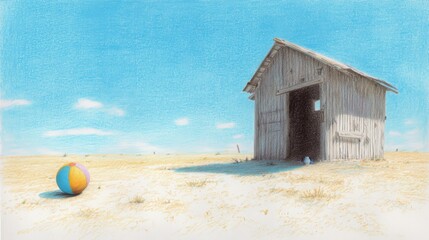 Colorful Beach Ball Near Weathered Wooden Shed on a Sunny Day in an Open Field Under Clear Blue Sky