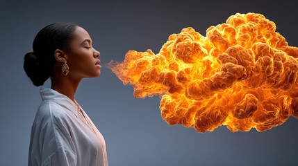 Woman exhaling fire studio shot