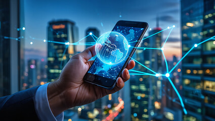 Hand holding smartphone displaying digital globe with cityscape background futuristic technology concept