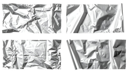 realistic torn aluminum foil texture set, wrinkled food wrapping foil sheets in silver color with creases and rips, on isolated background
