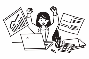 Accounting business concept, Accountant woman reads good news on laptop with excited and raising fist to celebrate achievement while working about investment with business planning finance