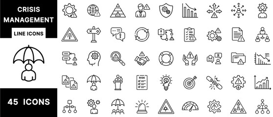 Crisis Management Line Icons Set Featuring Risk Assessment, Business Continuity, Warning Alerts, Leadership, Disaster Planning, Problem Solving, and Strategy