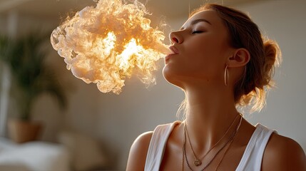 Woman exhaling golden smoke