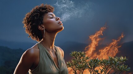 Woman exhaling smoke dramatic outdoor scene