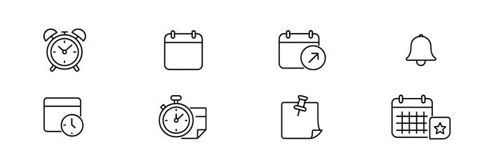Time management outline icon set - alarm, calendar, reminder, notification symbols