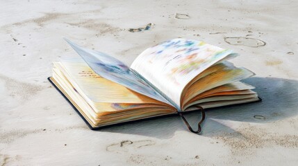 Open Book on a Table with Colorful Pages, Illustrations, and Text, Artistic Presentation of Literature and Creativity